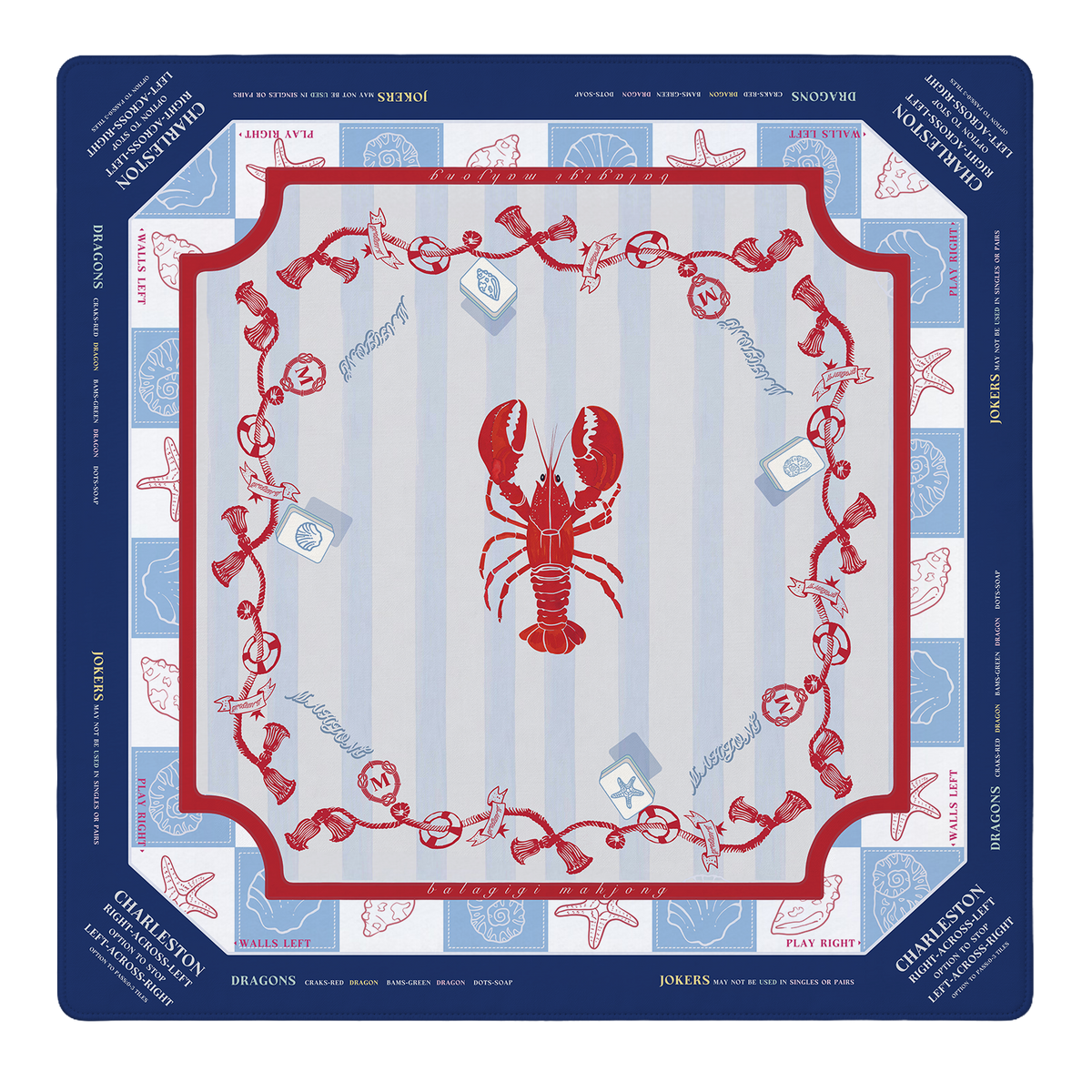 Balagigi Coastal Catch mahjong mat with red lobster and blue stripes, full top view